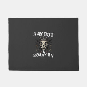 Say Boo Scary Skull Crown Bat Wings Halloween_1 Doormat