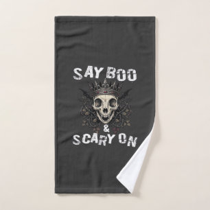 Say Boo Scary Skull Crown Bat Wings Halloween_1 Hand Towel