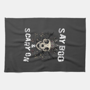 Say Boo Scary Skull Crown Bat Wings Halloween_1 Tea Towel
