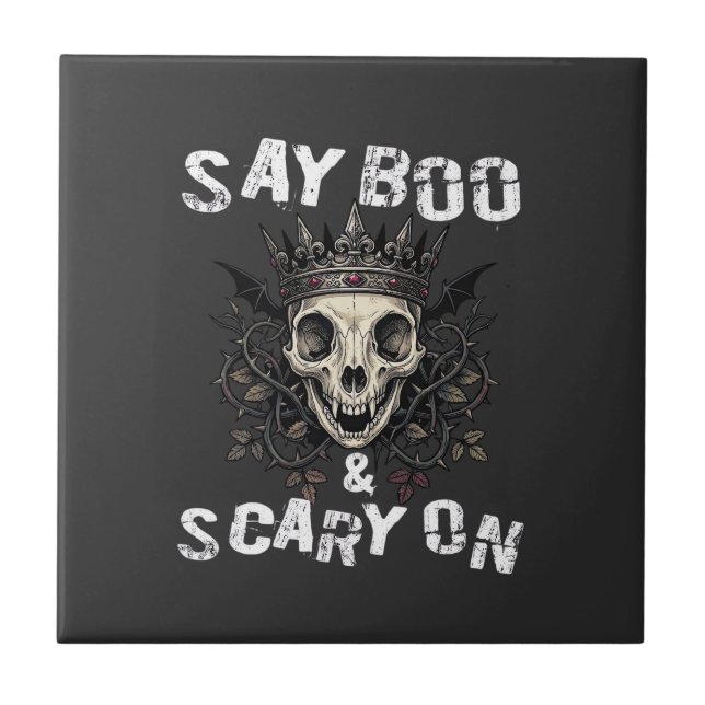 Say Boo Scary Skull Crown Bat Wings Halloween_1 Tile (Front)