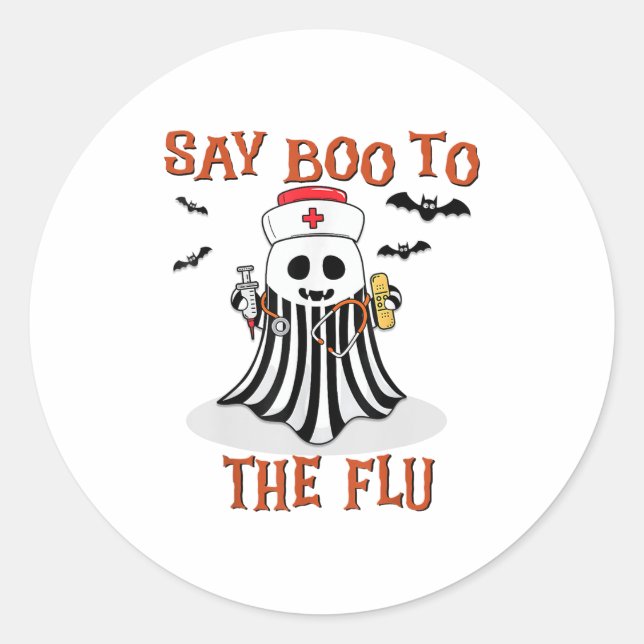 Say Boo To The Flu Ghost Nurse Design  Classic Round Sticker (Front)