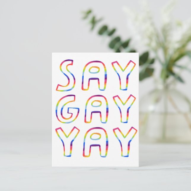 SAY GAY YAY Colourful Rainbow Postcard (Standing Front)