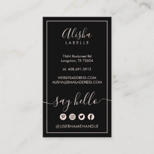 Say Hello Elegant Black & Blush Pink Social Business Card