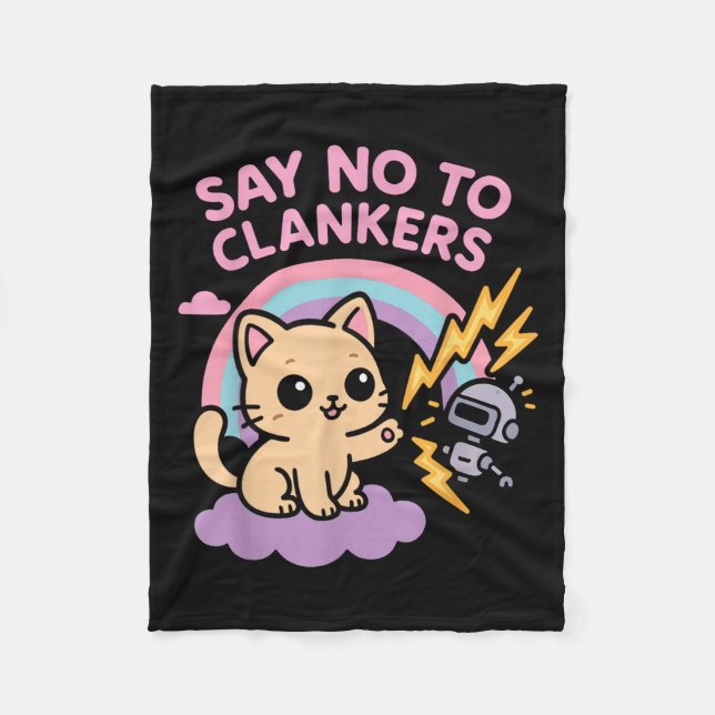 Say No To Clankers Anti Ai Robots Cute Kitten Rain Fleece Blanket (Front)