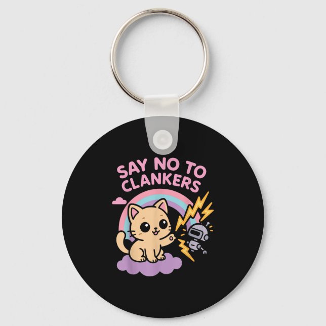 Say No To Clankers Anti Ai Robots Cute Kitten Rain Key Ring (Front)