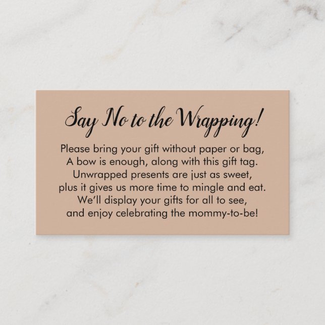 Say No to Wrapping Baby Shower Almond Gift Card (Front)