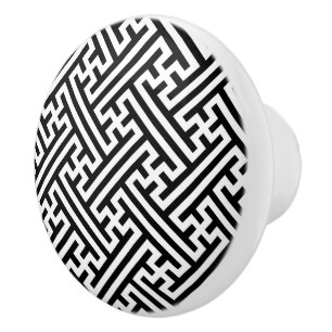 Sayagata pattern, Japanese, Black and White Ceramic Knob