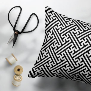 Sayagata pattern, Japanese, Black and White Decorative Cushion