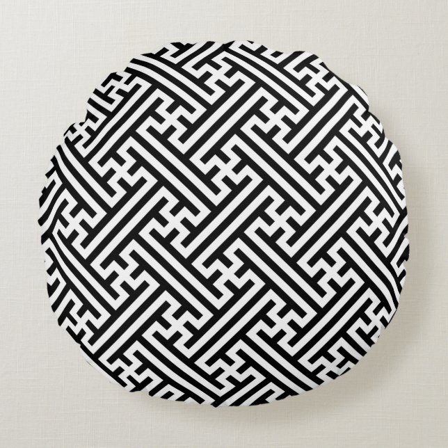 Sayagata pattern, Japanese, Black and White Round Cushion (Front)