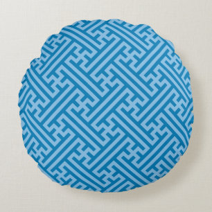 Sayagata pattern, Japanese, Blue and Baby Blue Round Cushion
