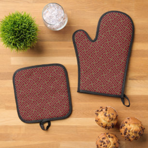 Sayagata pattern, Japanese, Burgundy and Gold Oven Mitt & Pot Holder Set
