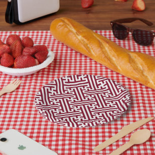 Sayagata pattern, Japanese, Burgundy and White Paper Plate