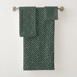 Sayagata pattern, Japanese, Gold and Navy Blue Bath Towel Set