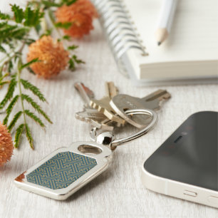 Sayagata pattern, Japanese, Gold and Navy Blue Key Ring