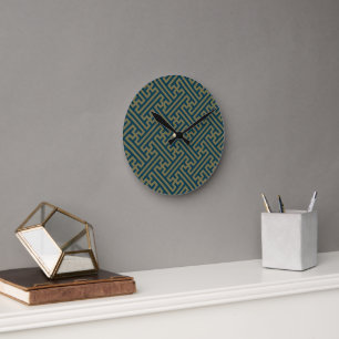 Sayagata pattern, Japanese, Gold and Navy Blue Round Clock