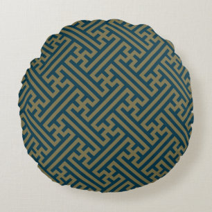 Sayagata pattern, Japanese, Gold and Navy Blue Round Cushion