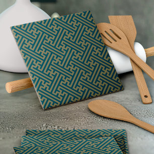 Sayagata pattern, Japanese, Gold and Navy Blue Tile