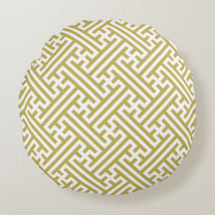 Sayagata pattern, Japanese, Gold and White Round Cushion