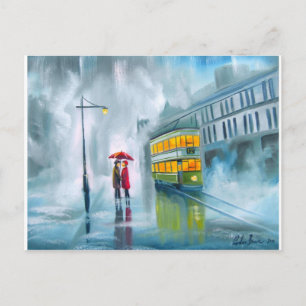 SAYING GOODBYE Tram oil painting rainy day Postcard