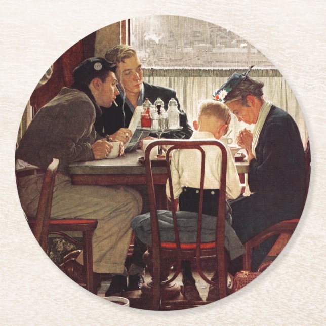 Saying Grace by Norman Rockwell Round Paper Coaster (Front)
