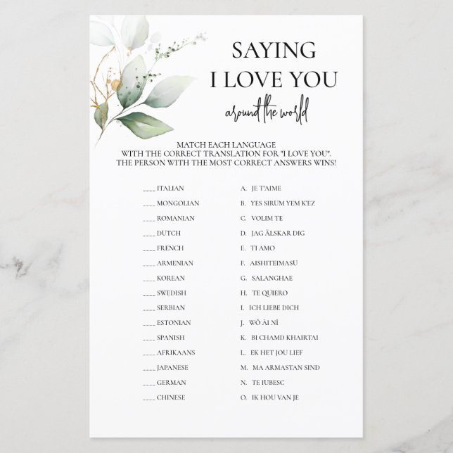 Saying I Love You around the World bridal game (Front)