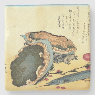 Sayori & Awabi (Halfbeak, Abalone) Hiroshige Fish Stone Coaster