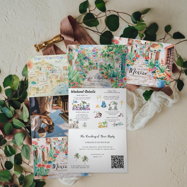 Sayulita Mexico Destination | Illustrated Wedding Tri-Fold Invitation (Creator Uploaded)
