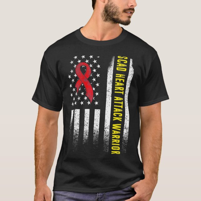 SCAD Heart Attack Survivor USA Flag Warrior Awaren T-Shirt (Front)