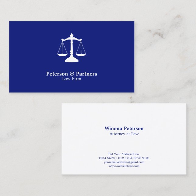 Scale of Justice White Icon on Royal Blue Business Card (Front/Back)