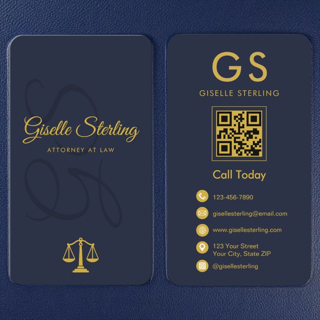 Scales of Justice Attorney at Law Navy Blue Gold Business Card (Creator Uploaded)
