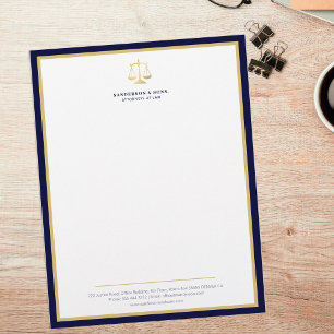 Scales of justice elegant attorney gold logo navy custom letterhead