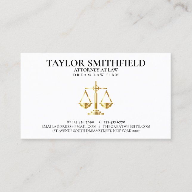 Scales of Justice Gold Lawyer Attorney Business Card (Front)