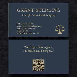Scales of Justice Navy Blue Gold Legal QR Code  Business Card
