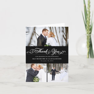 Scallop Band Romantic Script 3 Multi Photo Wedding Thank You Card