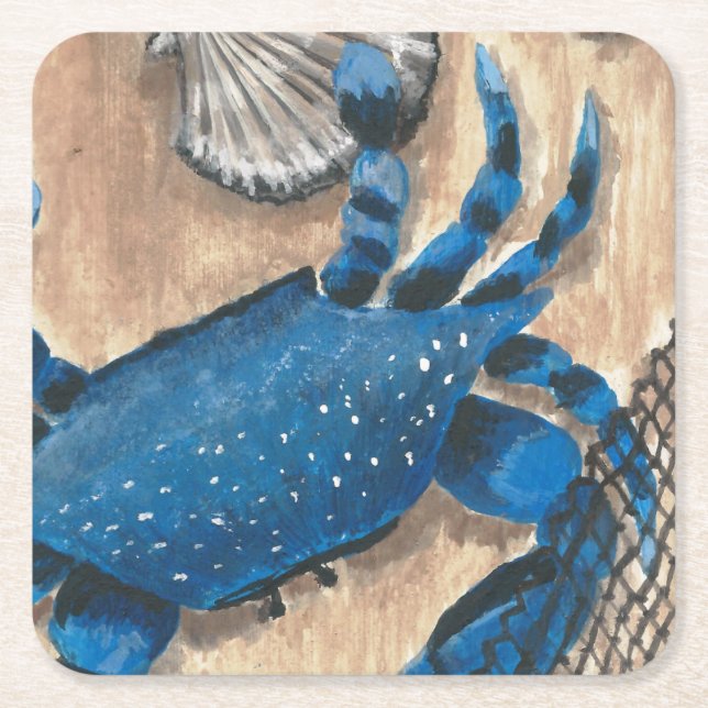 Scallop, Crab and Net Square Paper Coaster (Front)