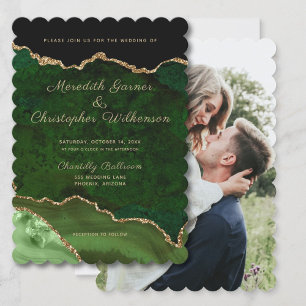 Scallop Edge Gold Green Agate Photo Wedding Invitation