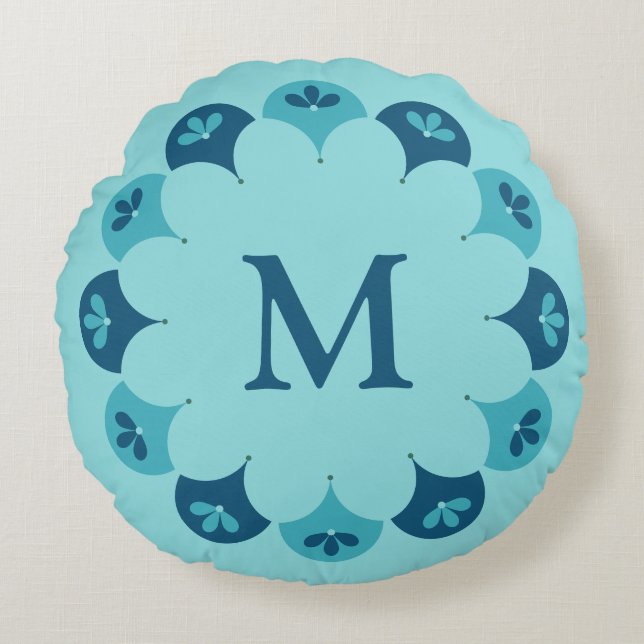 Scallop Floral Custom Colours Monogrammed Round Cushion (Front)