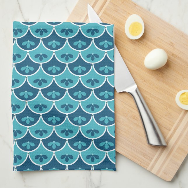Scallop Floral Pattern Custom Colours Tea Towel (Quarter Fold)