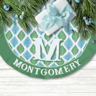 Scallop Leaf Diamond in Green + Aqua Personalised Faux Linen Tree Skirt
