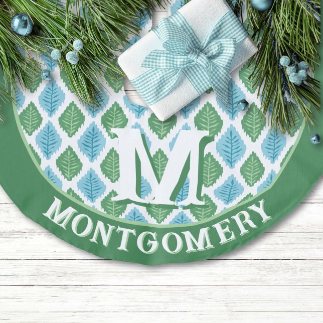 Scallop Leaf Diamond in Green + Aqua Personalised Faux Linen Tree Skirt (Creator Uploaded)