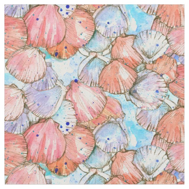 Scallop Sea Shells Ink Drawing Watercolor Fabric (Close Up)