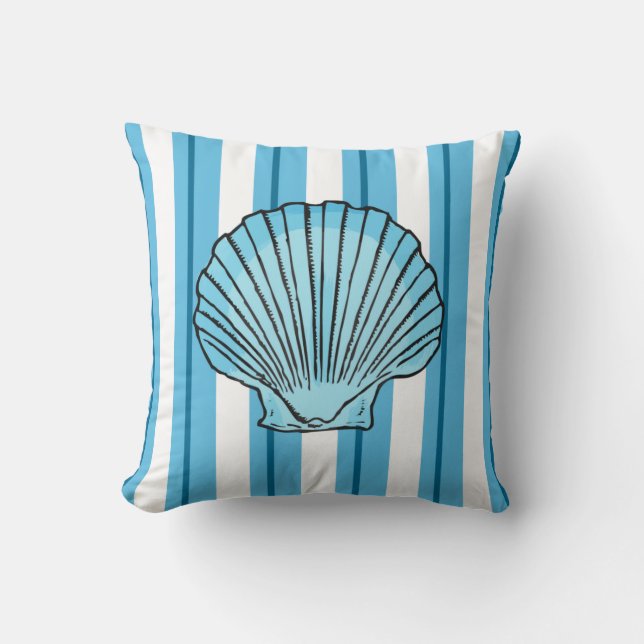 Scallop Seashell and Stripes in Ocean Colours Cushion (Front)