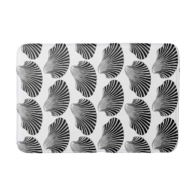 Scallop Shell Block Print, Black and White Bath Mat (Front)