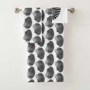 Scallop Shell Block Print, Black and White Bath Towel Set