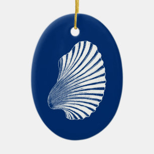 Scallop Shell Block Print, Cobalt Blue and White  Ceramic Tree Decoration