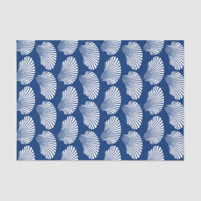 Scallop Shell Block Print, Cobalt Blue and White  Tissue Paper (Front)