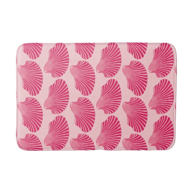 Scallop Shell Block Print, Fuchsia and Pale Pink Bath Mat (Front)