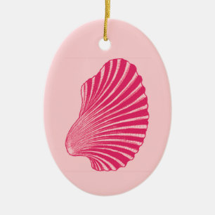 Scallop Shell Block Print, Fuchsia and Pale Pink  Ceramic Tree Decoration