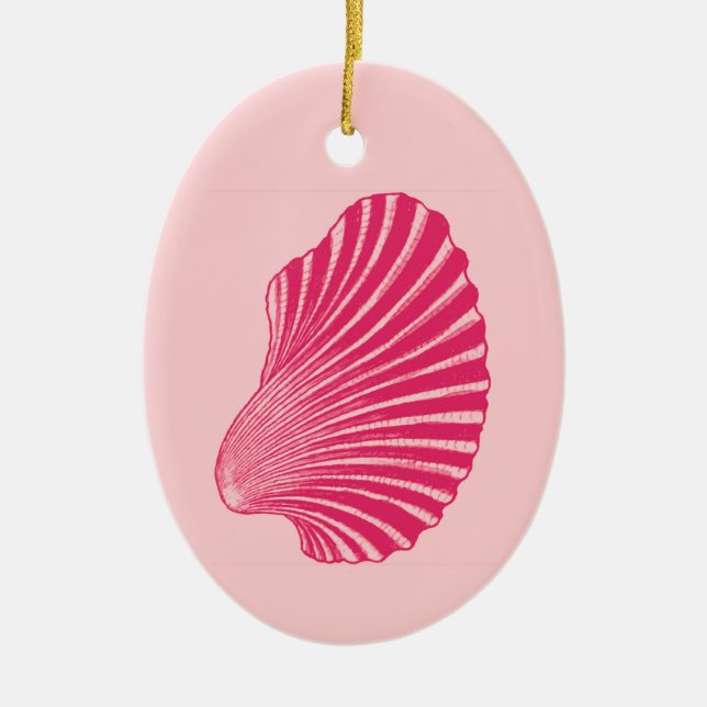 Scallop Shell Block Print, Fuchsia and Pale Pink  Ceramic Tree Decoration (Front)