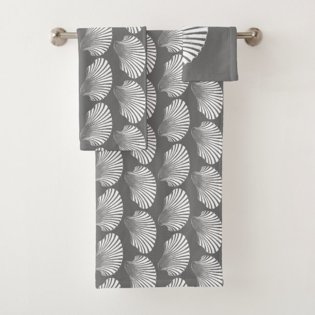 Scallop Shell Block Print, Grey / Grey and White Bath Towel Set (Insitu)